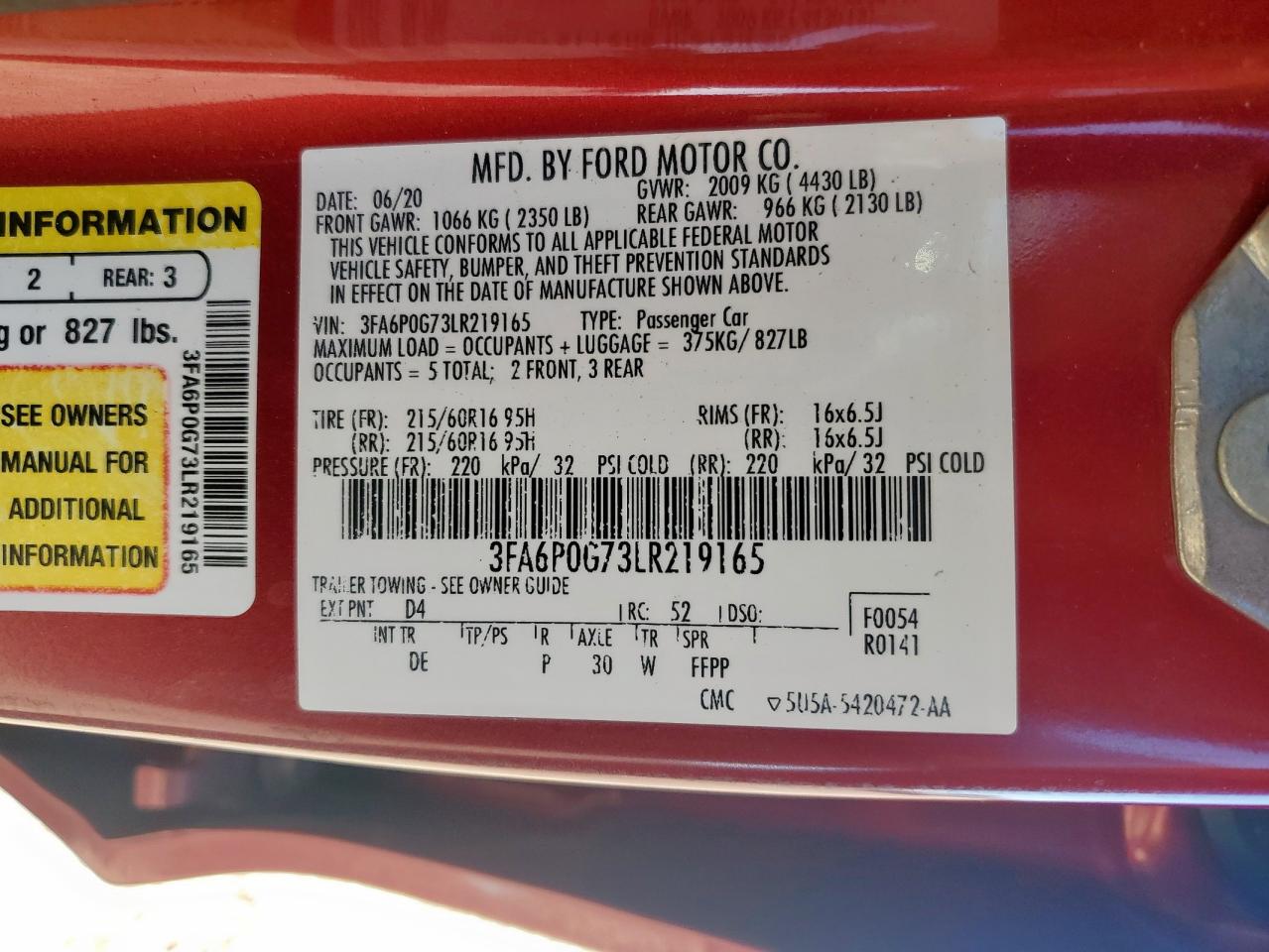 2020 Ford Fusion S VIN: 3FA6P0G73LR219165 Lot: 91658915