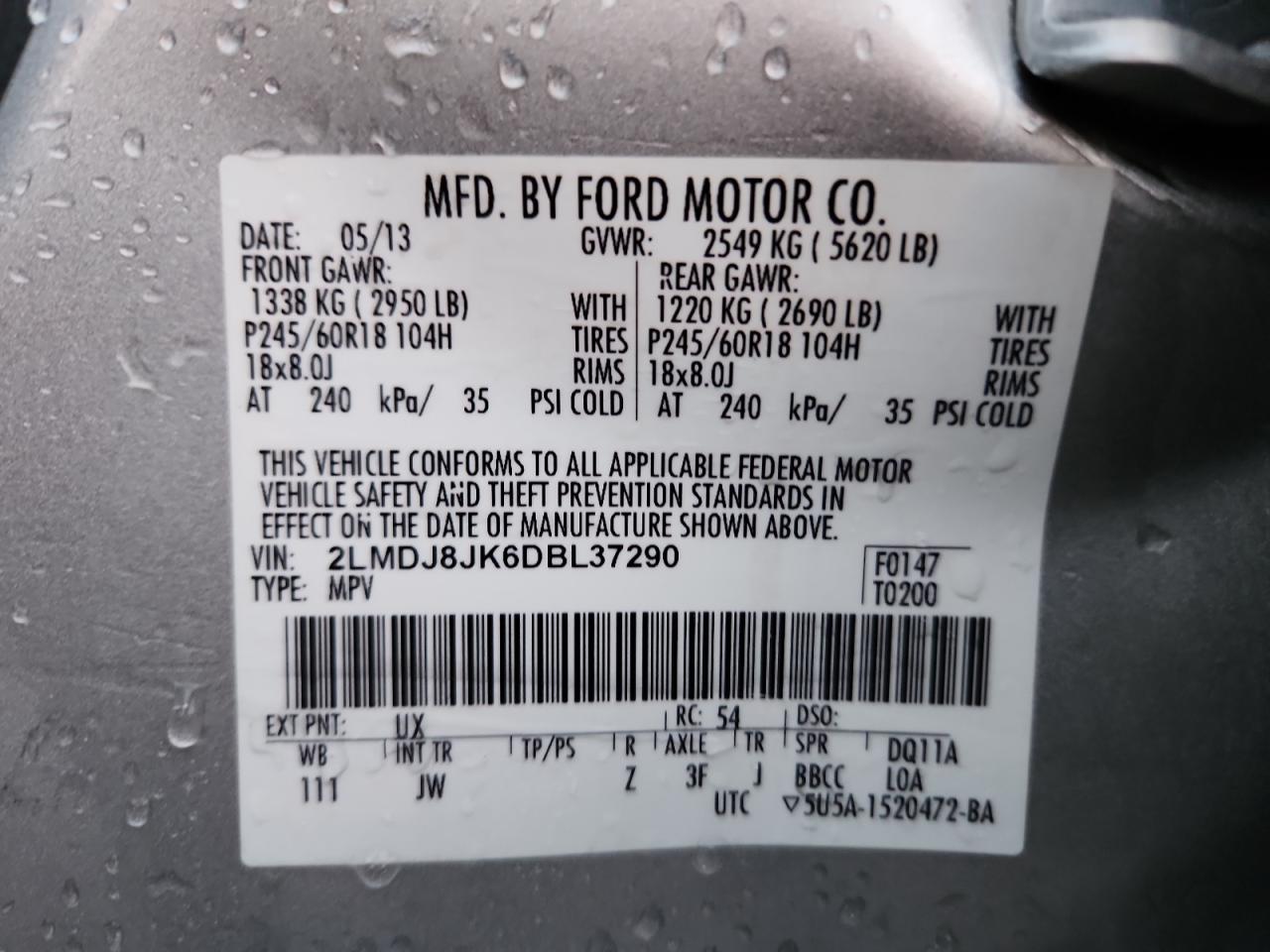 2013 Lincoln Mkx VIN: 2LMDJ8JK6DBL37290 Lot: 90835605