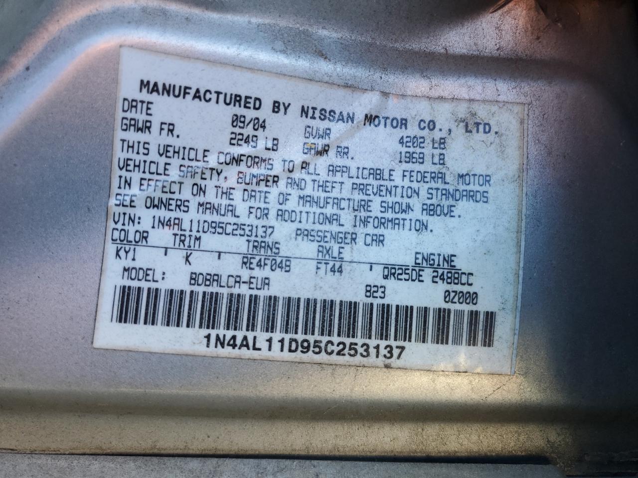 2005 Nissan Altima S VIN: 1N4AL11D95C253137 Lot: 91031925