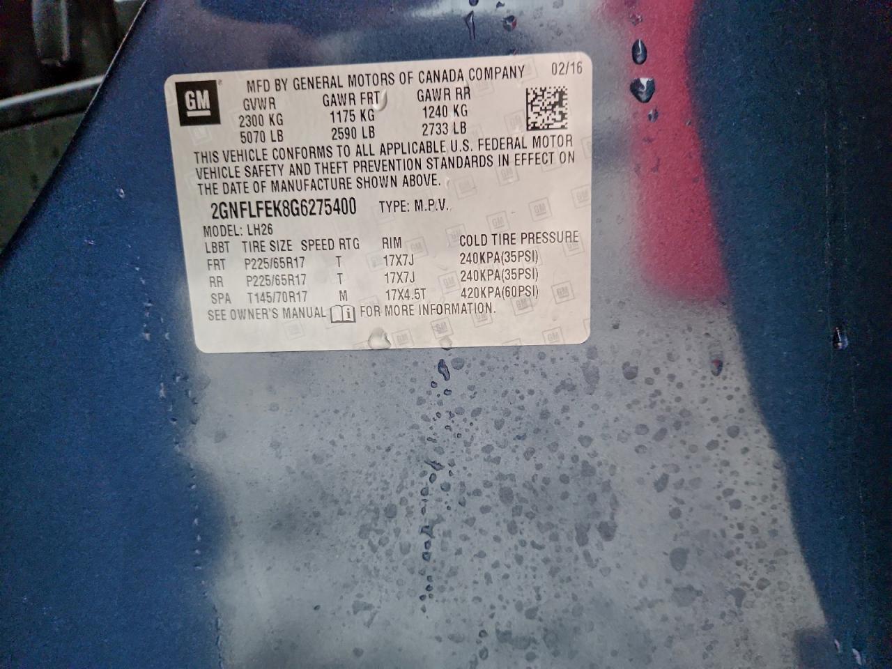 2016 Chevrolet Equinox Lt VIN: 2GNFLFEK8G6275400 Lot: 93836315