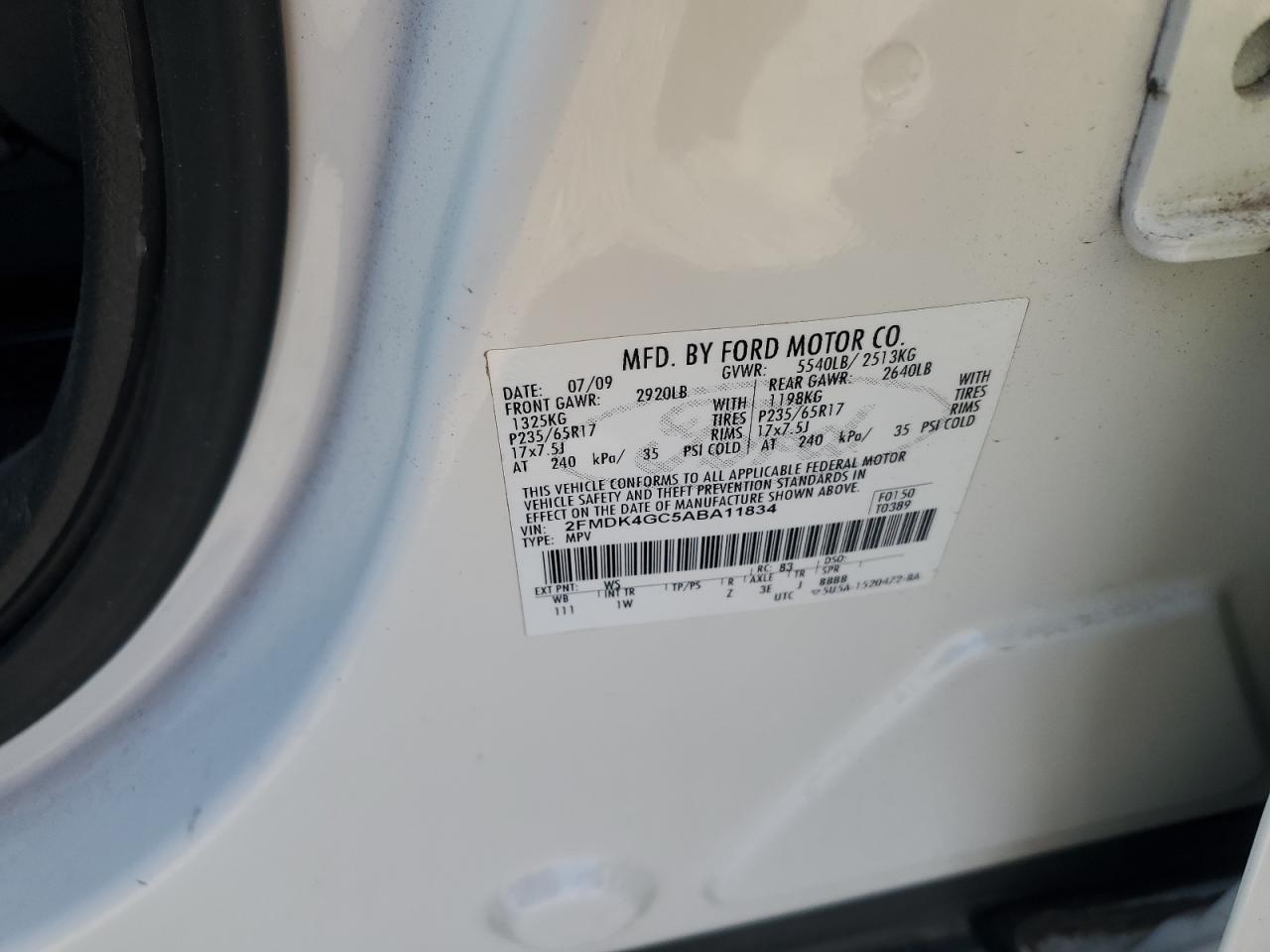 2010 Ford Edge Se VIN: 2FMDK4GC5ABA11834 Lot: 91858905