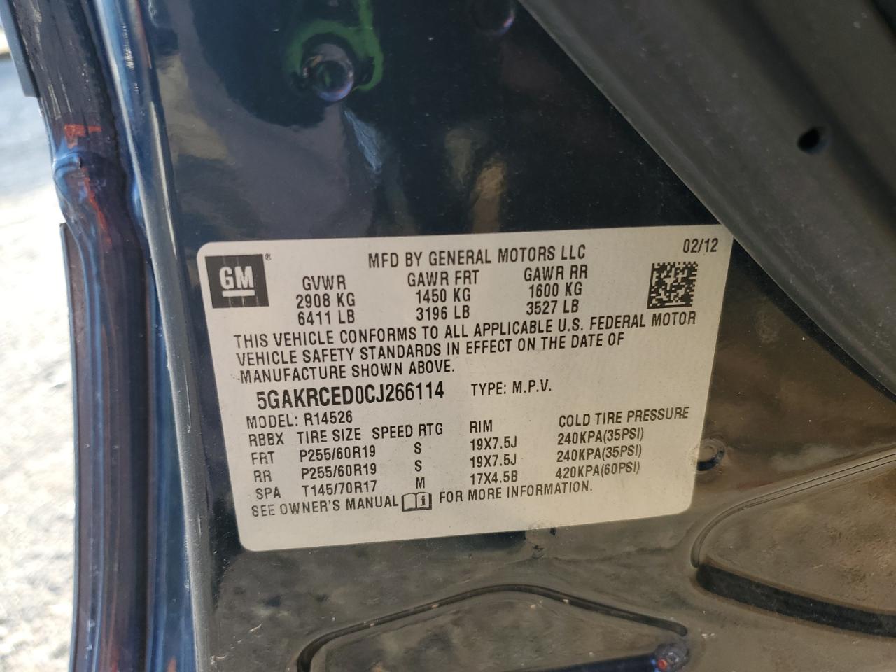 2012 Buick Enclave VIN: 5GAKRCED0CJ266114 Lot: 93523375