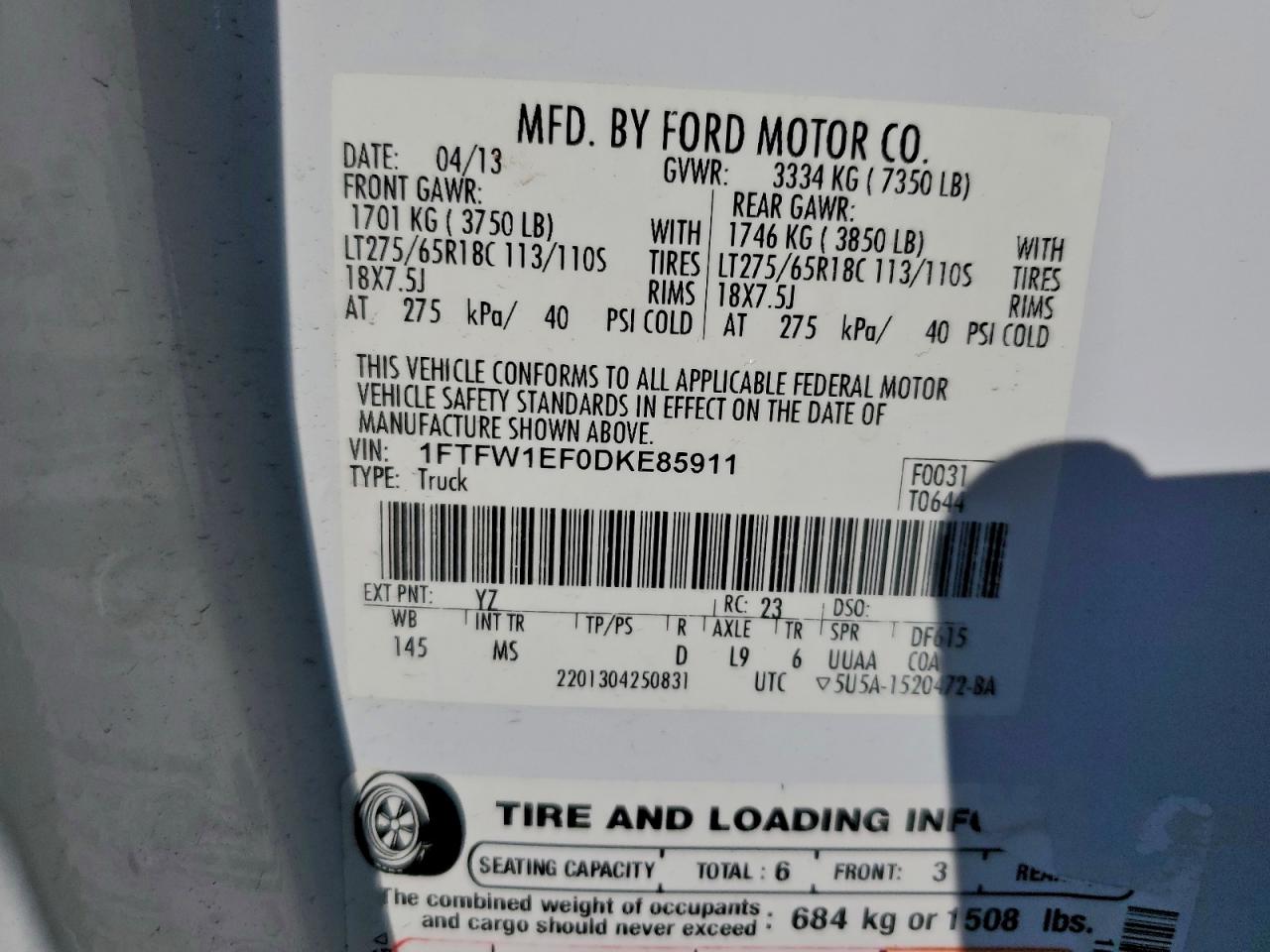 2013 Ford F150 Supercrew VIN: 1FTFW1EF0DKE85911 Lot: 94150995