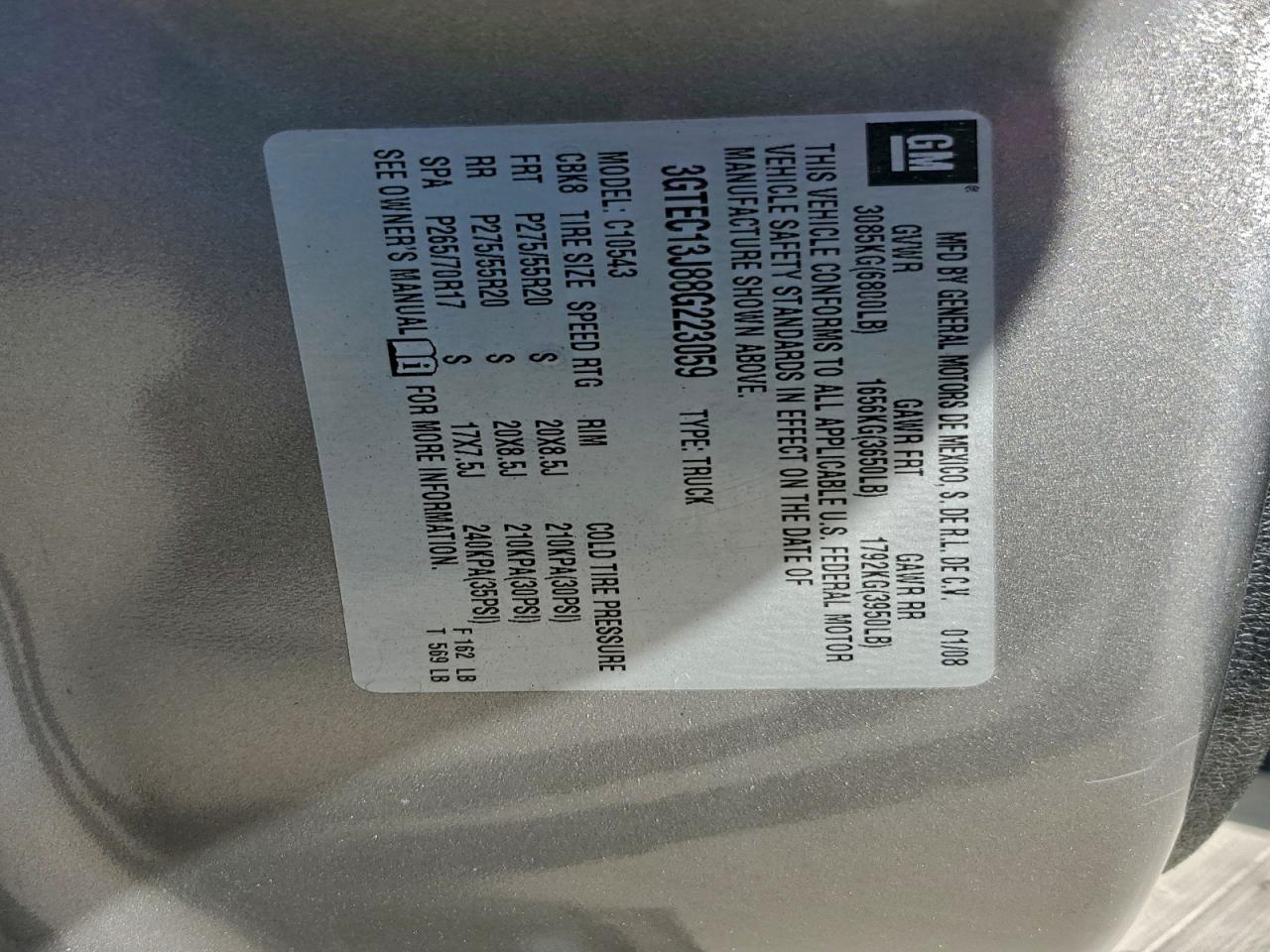 2008 GMC Sierra C1500 VIN: 3GTEC13J88G223059 Lot: 92032065