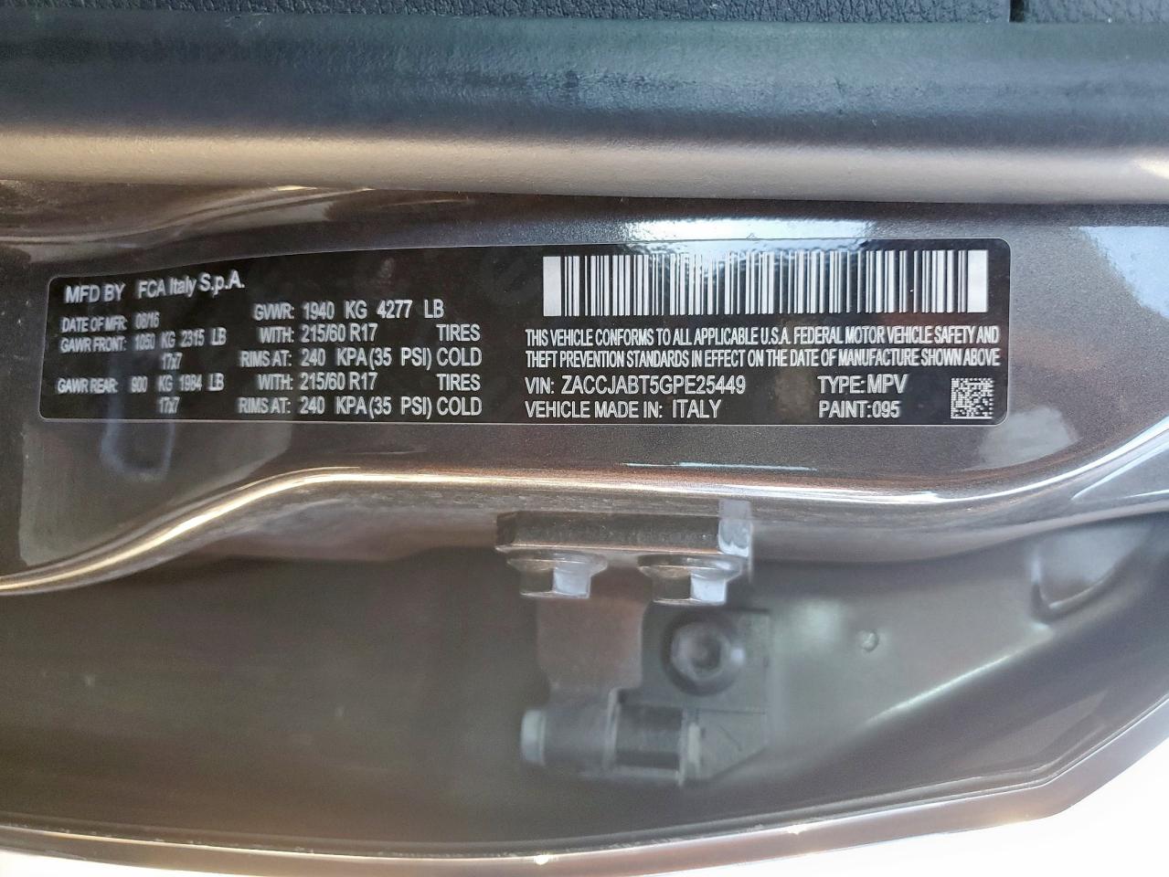 2016 Jeep Renegade Latitude VIN: ZACCJABT5GPE25449 Lot: 92274655