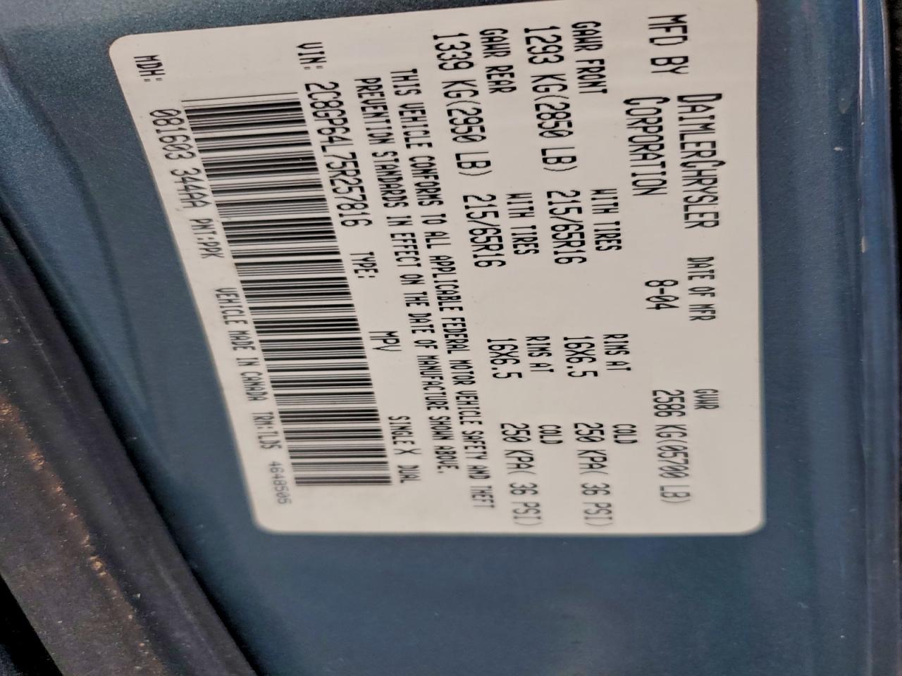 2005 Chrysler Town & Country Limited VIN: 2C8GP64L75R257816 Lot: 93820455