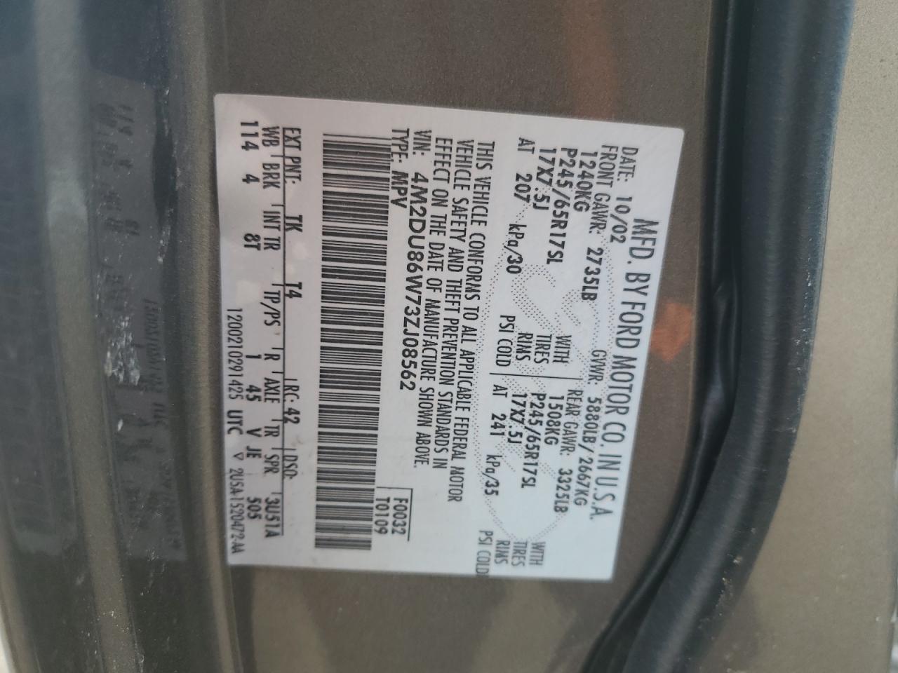 2003 Mercury Mountaineer VIN: 4M2DU86W73ZJ08562 Lot: 93038735