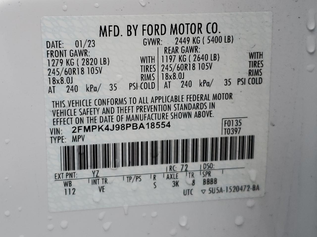 2023 Ford Edge Sel VIN: 2FMPK4J98PBA18554 Lot: 93398265