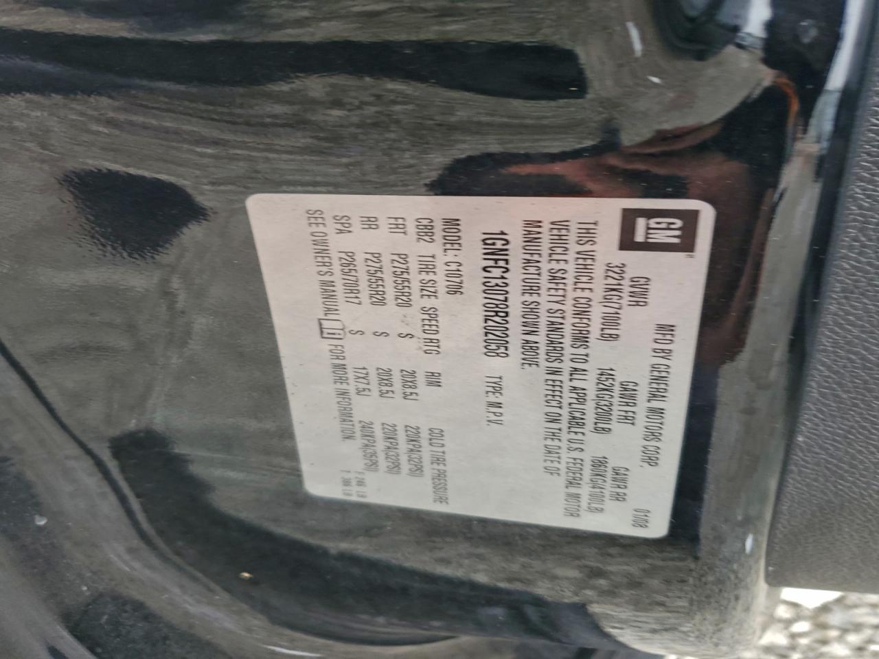 2008 Chevrolet Tahoe C1500 VIN: 1GNFC13078R202058 Lot: 93902735