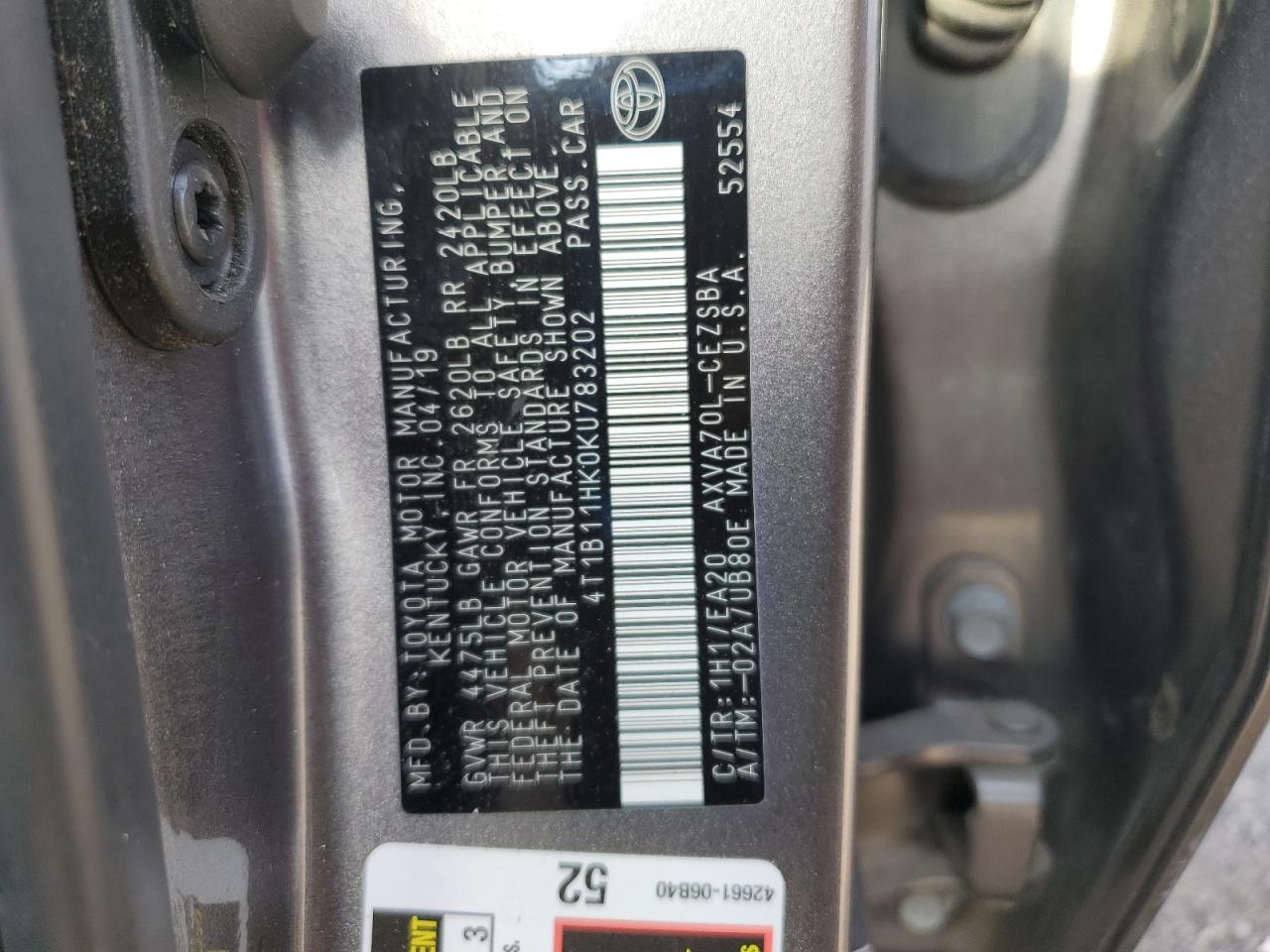 2019 Toyota Camry L VIN: 4T1B11HK0KU783202 Lot: 93829135