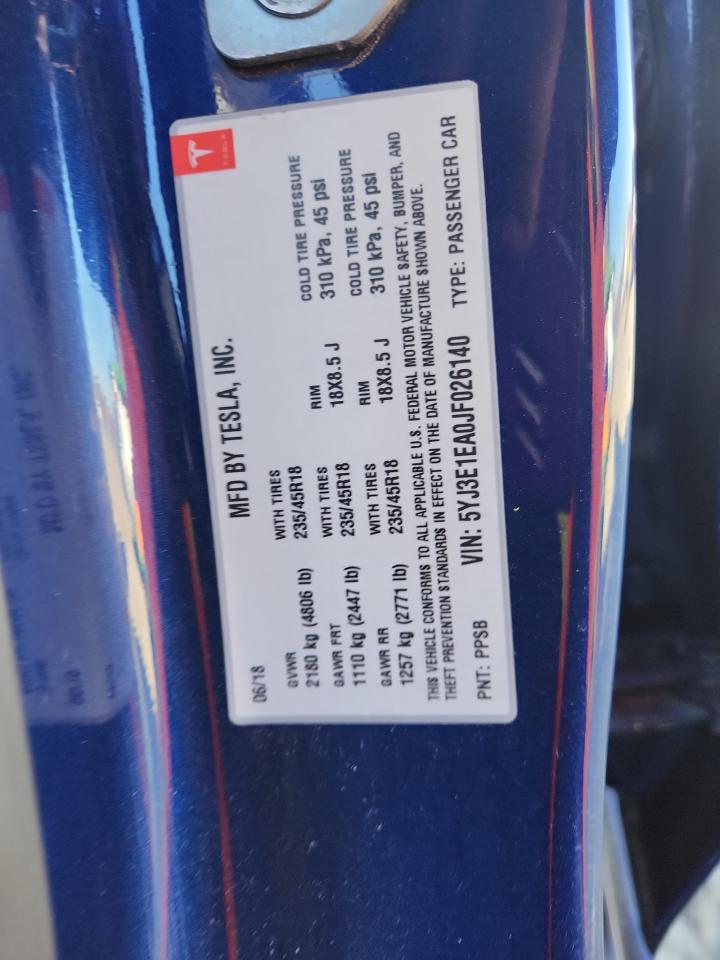 2018 Tesla Model 3 VIN: 5YJ3E1EA0JF026140 Lot: 91369035