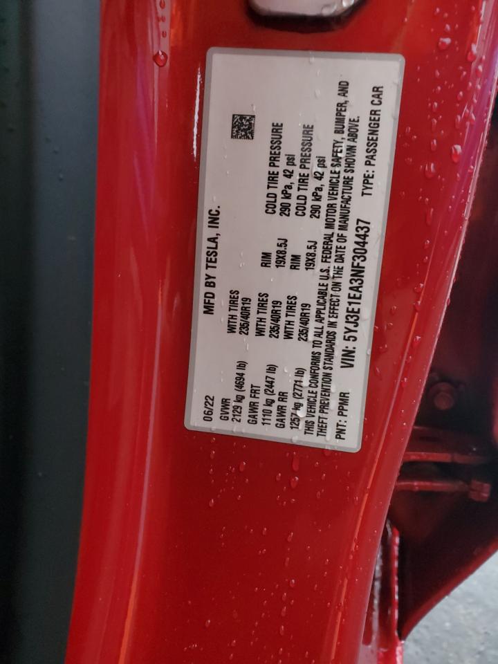 2022 Tesla Model 3 VIN: 5YJ3E1EA3NF304437 Lot: 93103825