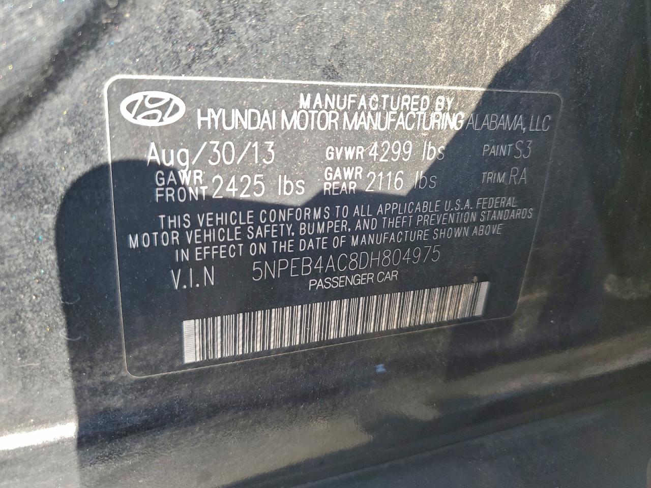 2013 Hyundai Sonata Gls VIN: 5NPEB4AC8DH804975 Lot: 93963385