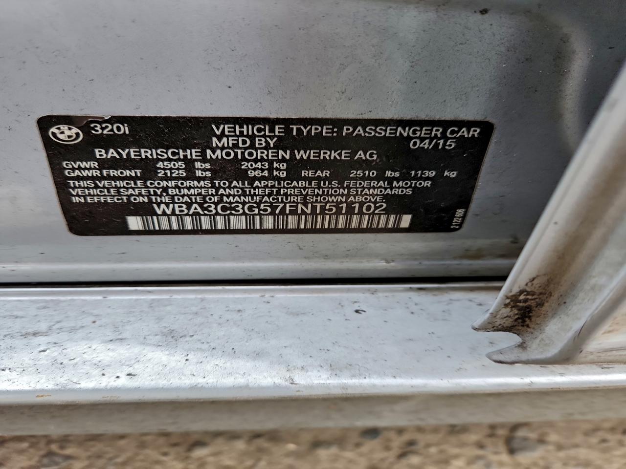 2015 BMW 320 I xDrive VIN: WBA3C3G57FNT51102 Lot: 93836145