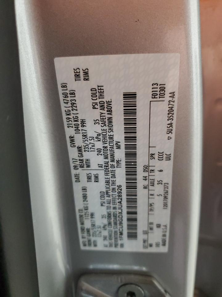 2018 Ford Escape Se VIN: 1FMCU9GDXJUA28926 Lot: 92178195