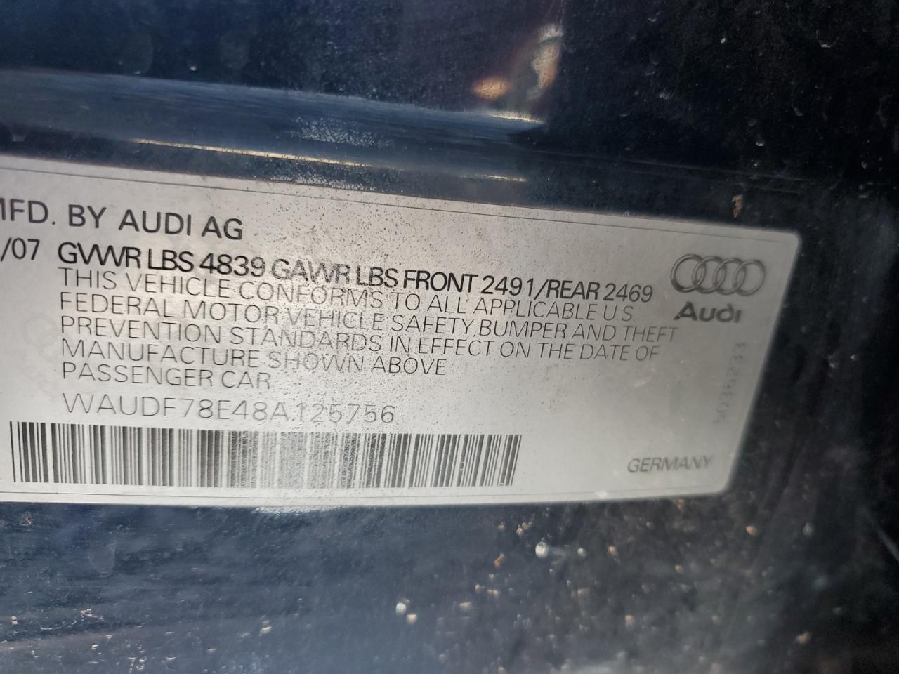 2008 Audi A4 2.0T Quattro VIN: WAUDF78E48A125756 Lot: 90711305