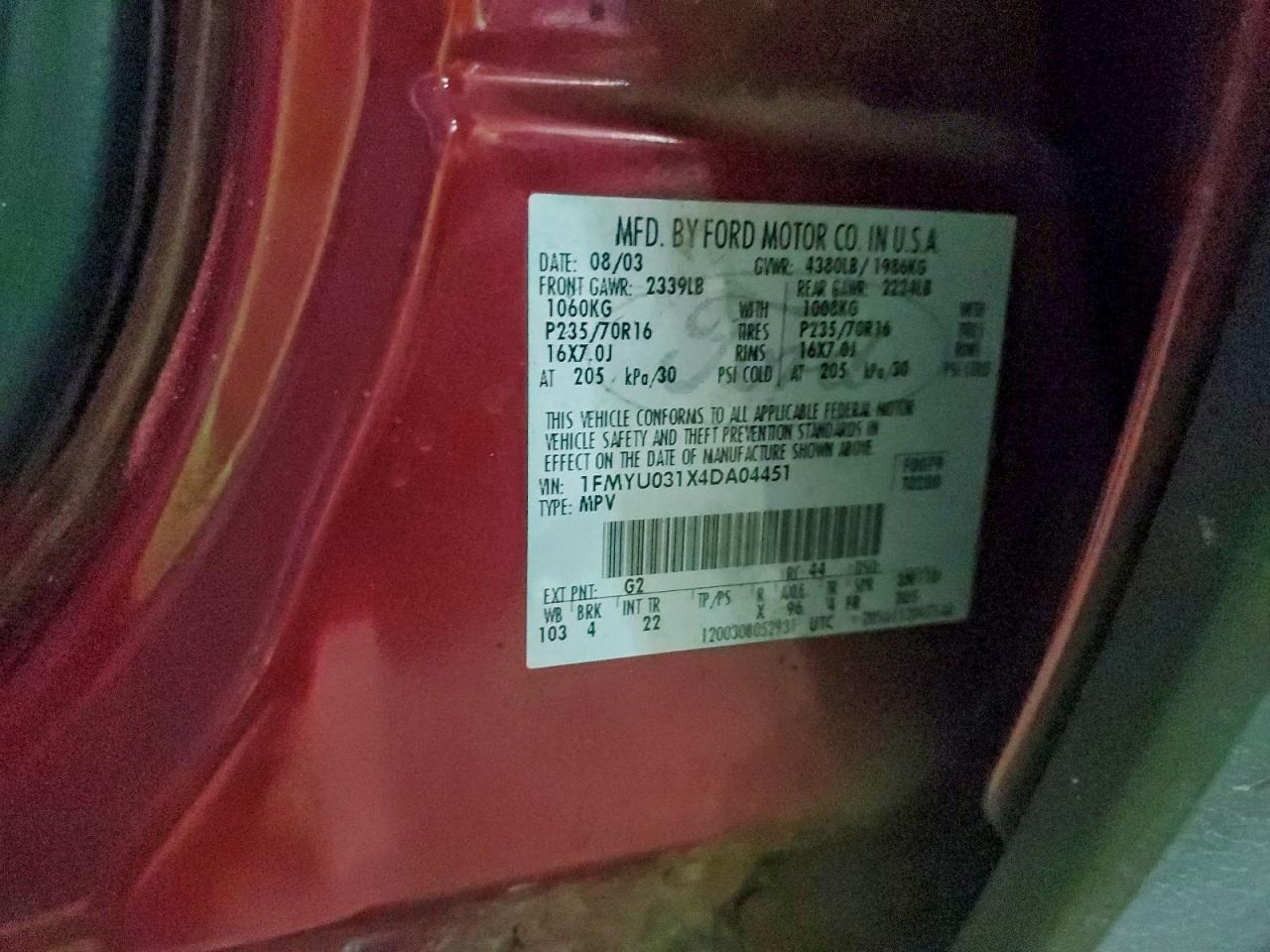 2004 Ford Escape Xlt VIN: 1FMYU031X4DA04451 Lot: 94539875