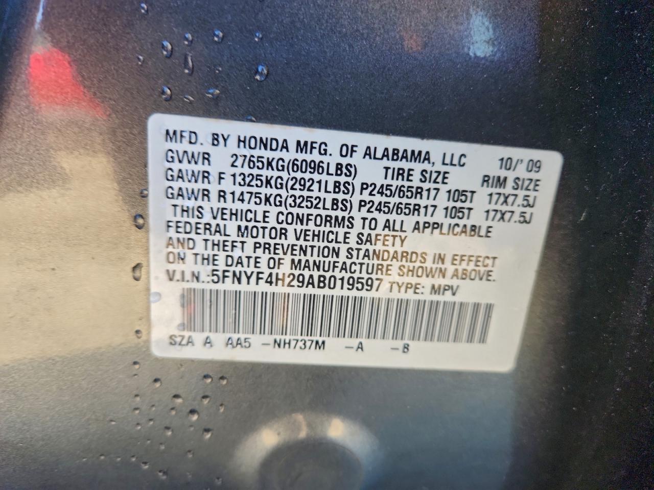 2010 Honda Pilot Lx VIN: 5FNYF4H29AB019597 Lot: 94188295