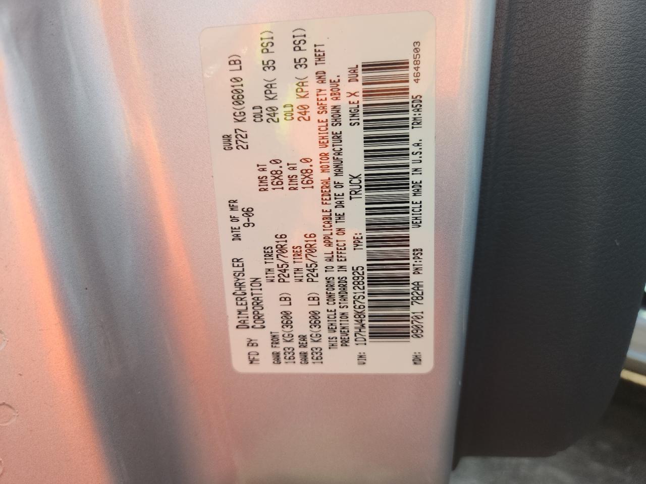 2007 Dodge Dakota Quad Slt VIN: 1D7HW48K67S128925 Lot: 91277095