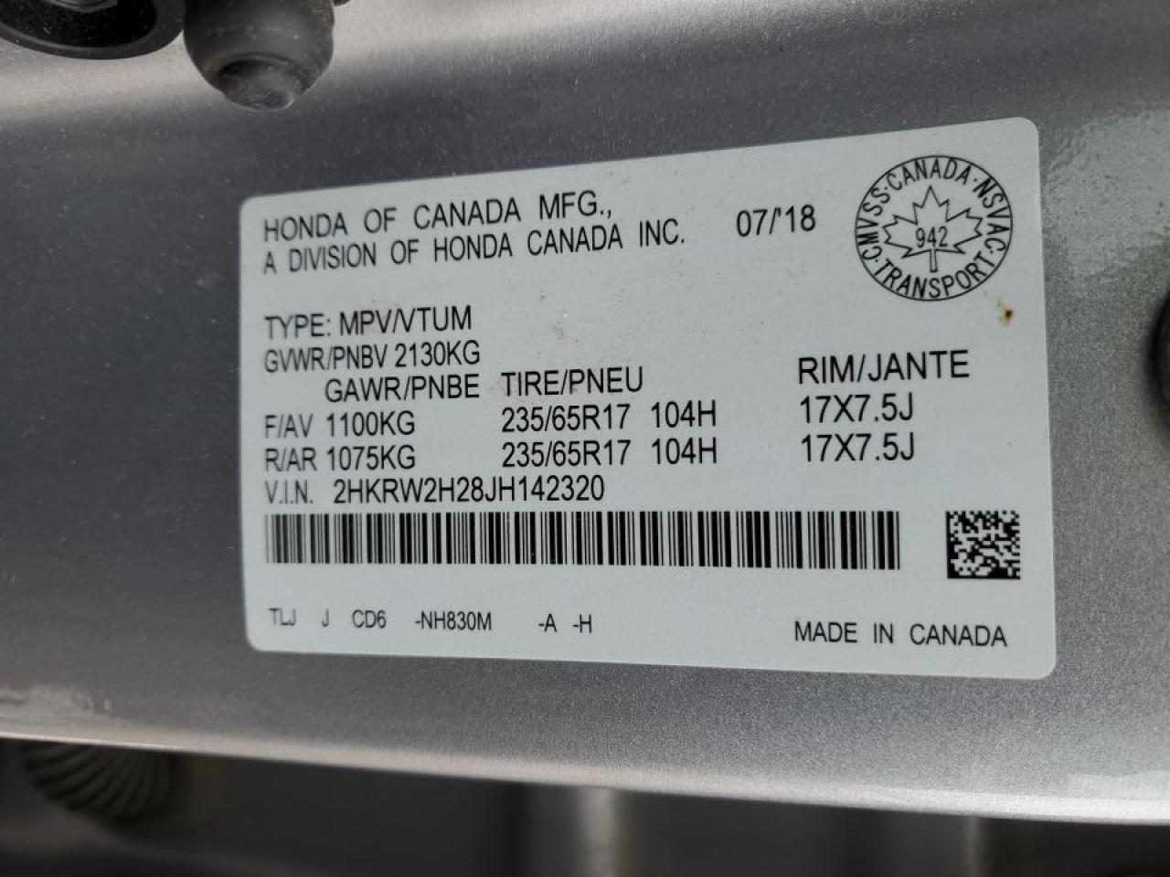 2018 Honda Cr-V Lx VIN: 2HKRW2H28JH142320 Lot: 87217985