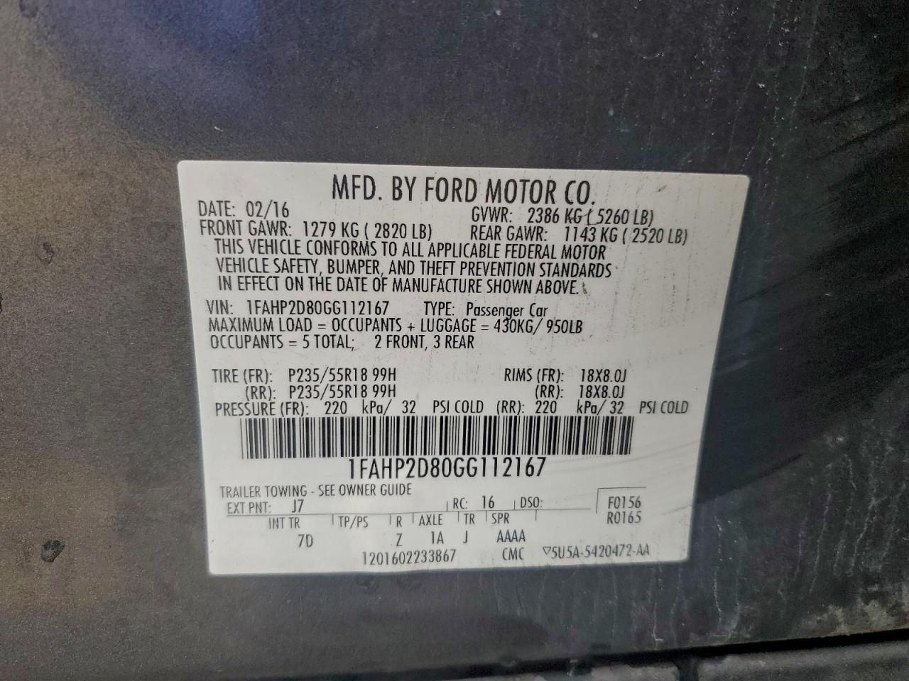 2016 Ford Taurus Se VIN: 1FAHP2D80GG112167 Lot: 93374365