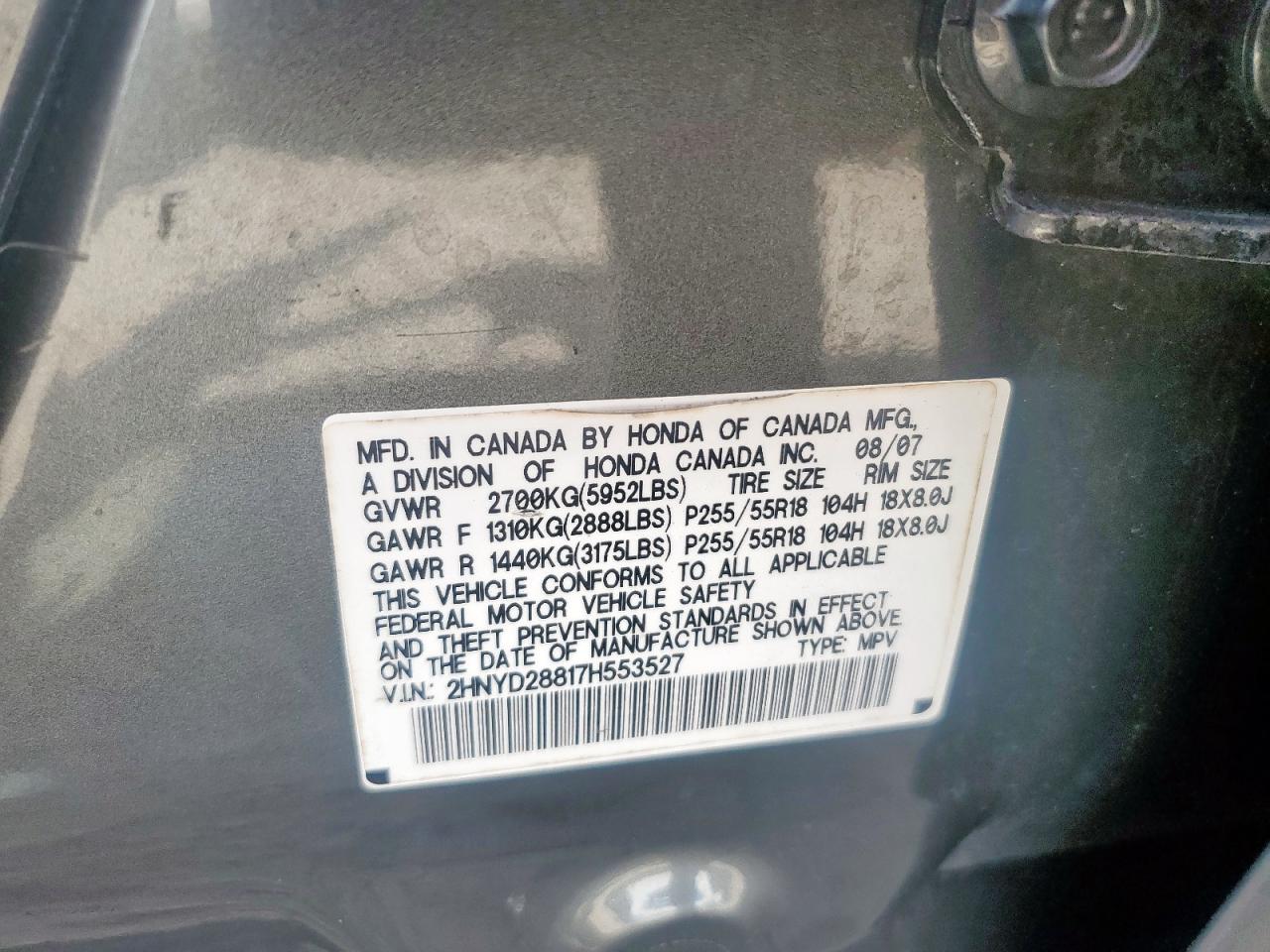 2007 Acura Mdx Sport VIN: 2HNYD28817H553527 Lot: 93069275