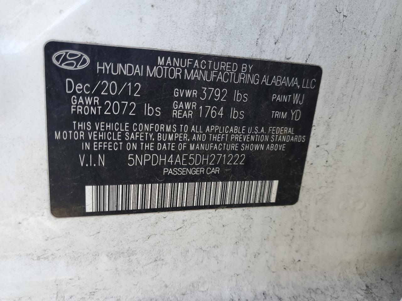 2013 Hyundai Elantra Gls VIN: 5NPDH4AE5DH271222 Lot: 91705755