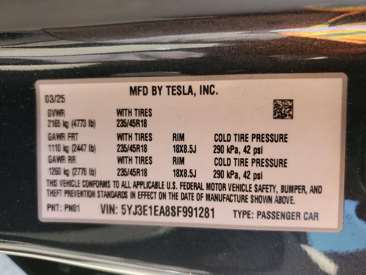 2025 Tesla Model 3 VIN: 5YJ3E1EA8SF991281 Lot: 91859735