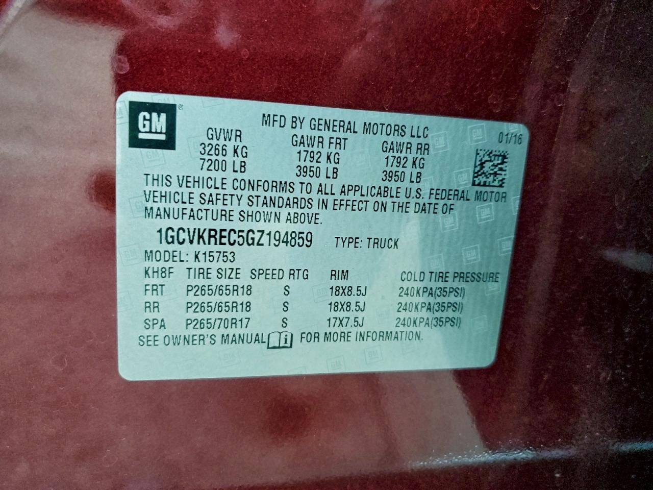 2016 Chevrolet Silverado K1500 Lt VIN: 1GCVKREC5GZ194859 Lot: 94476155