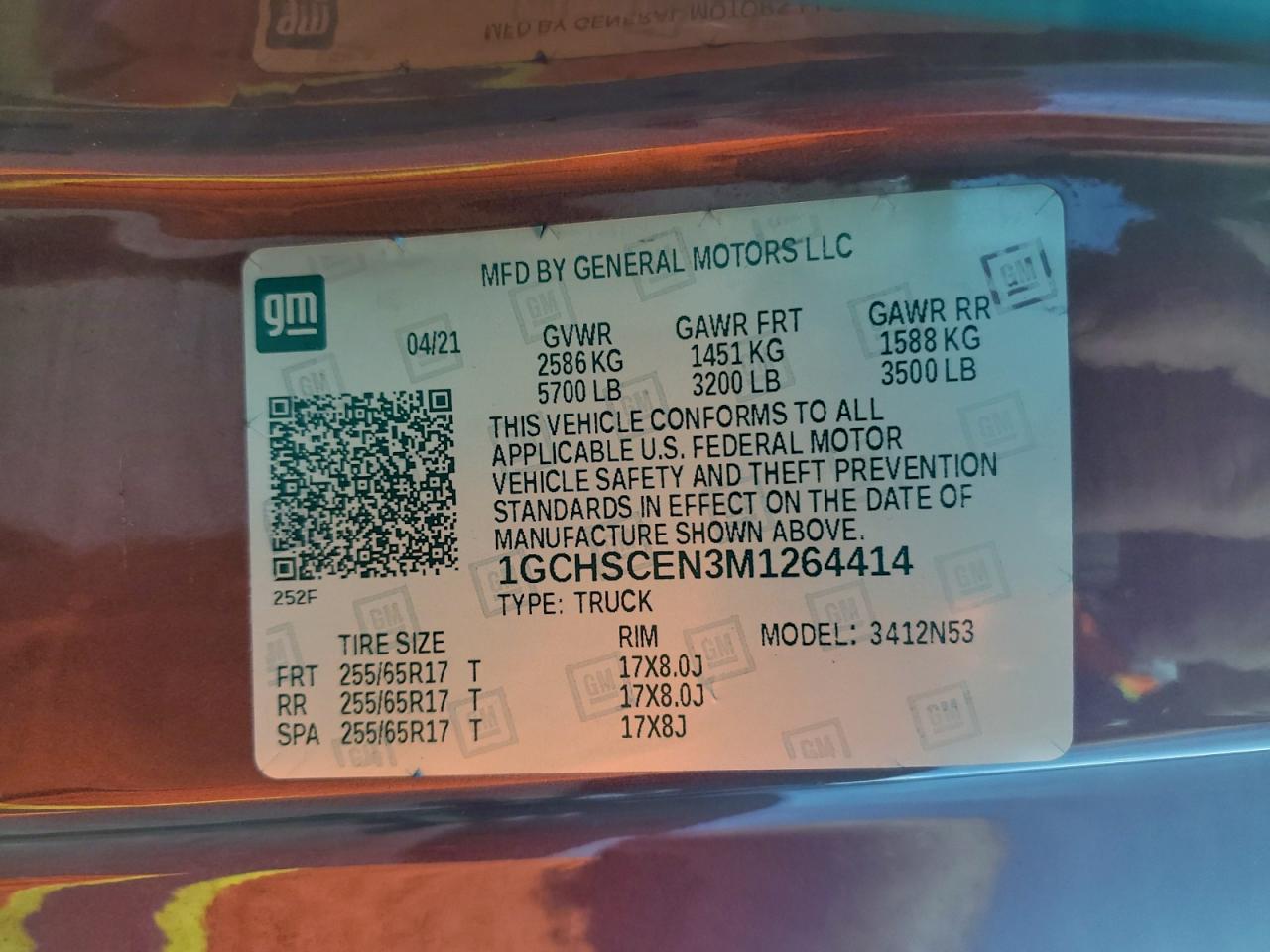 2021 Chevrolet Colorado Lt VIN: 1GCHSCEN3M1264414 Lot: 92792515