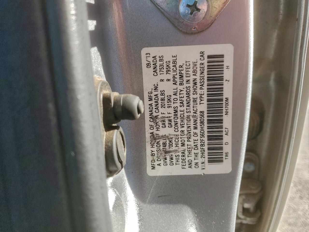 2013 Honda Civic Lx VIN: 2HGFB2F56DH580568 Lot: 94316785