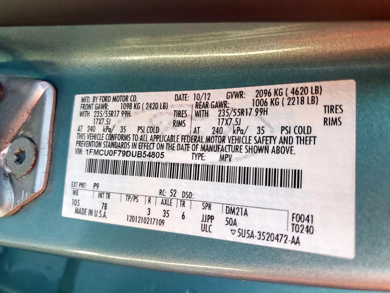 2013 Ford Escape S VIN: 1FMCU0F79DUB54805 Lot: 91609845