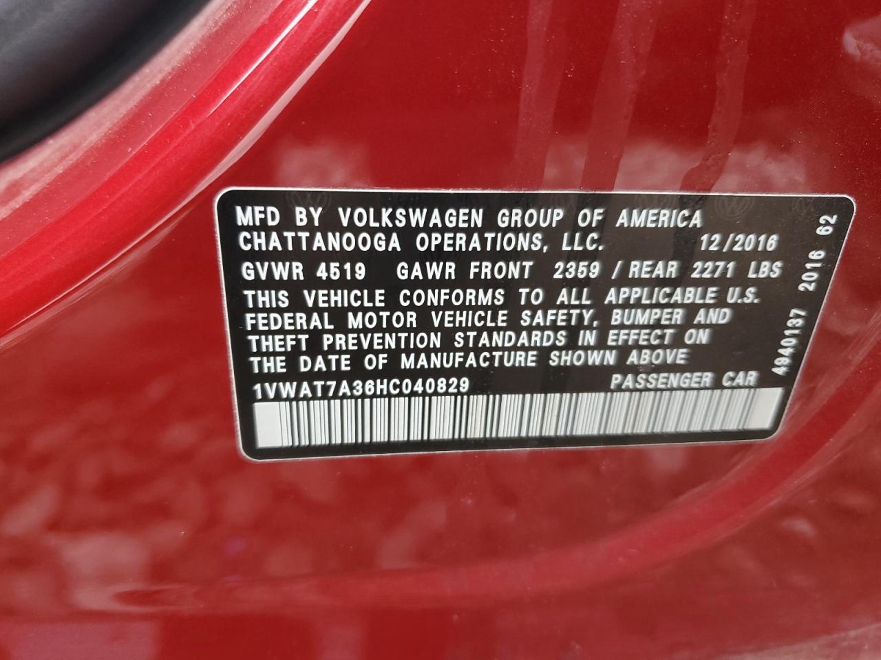 2017 Volkswagen Passat S VIN: 1VWAT7A36HC040829 Lot: 93445555