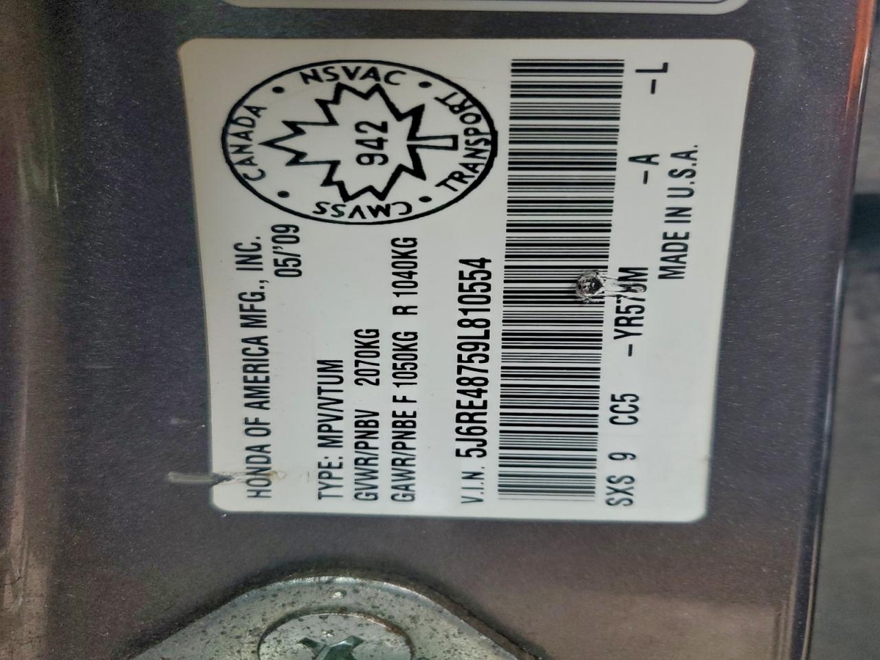 2009 Honda Cr-V Exl VIN: 5J6RE48759L810554 Lot: 94028105