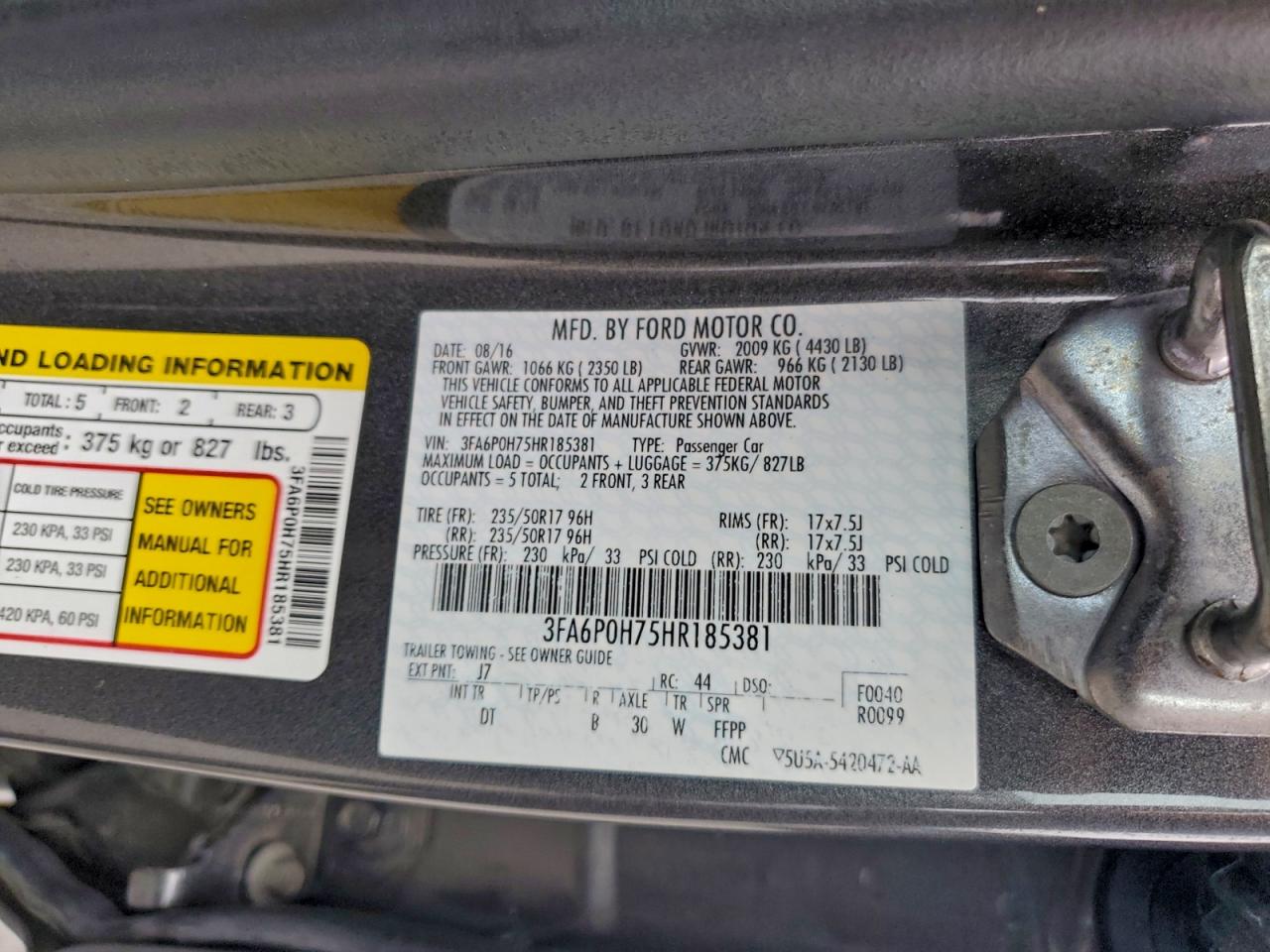 2017 Ford Fusion Se VIN: 3FA6P0H75HR185381 Lot: 93505165