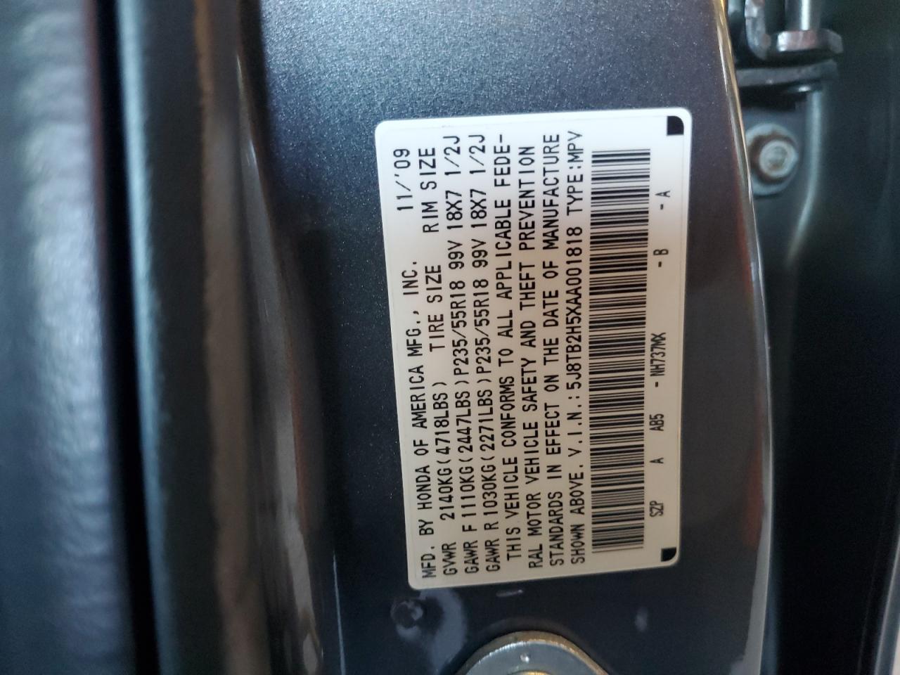 2010 Acura Rdx Technology VIN: 5J8TB2H5XAA001818 Lot: 91507585