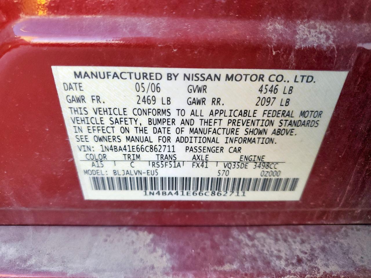 2006 Nissan Maxima Se VIN: 1N4BA41E66C862711 Lot: 92480725