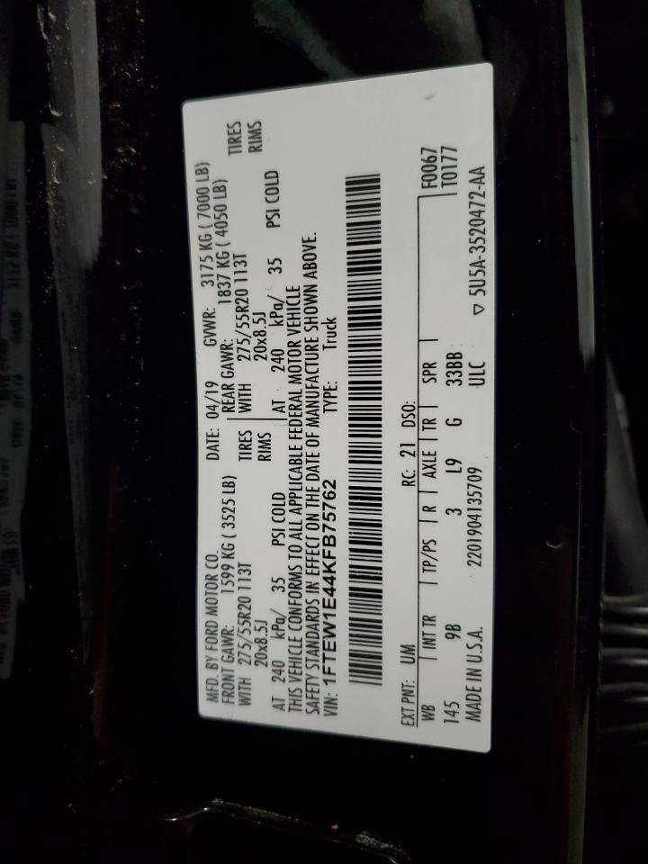 2019 Ford F150 Supercrew VIN: 1FTEW1E44KFB75762 Lot: 93314365