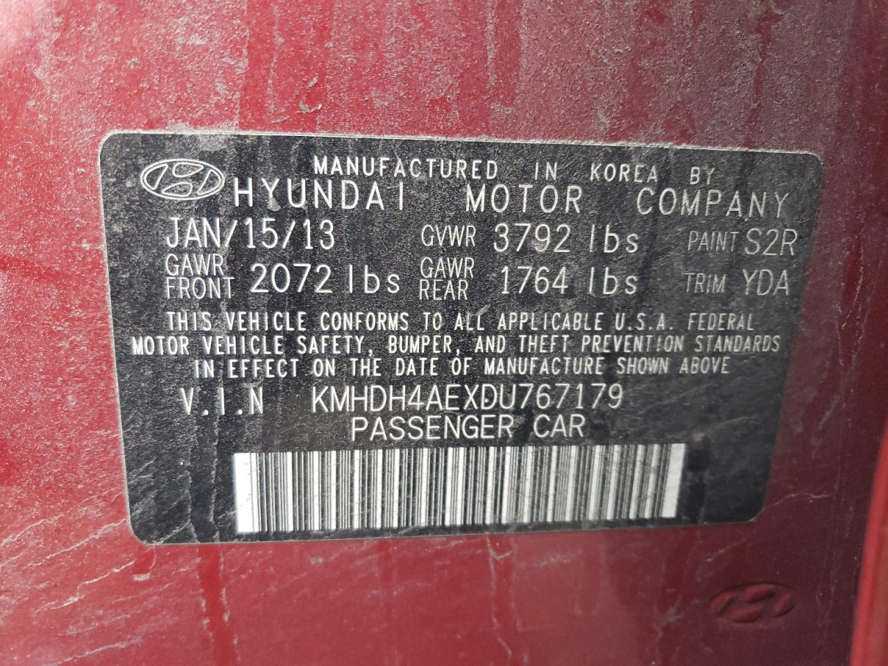 2013 Hyundai Elantra Gls VIN: KMHDH4AEXDU767179 Lot: 91509595