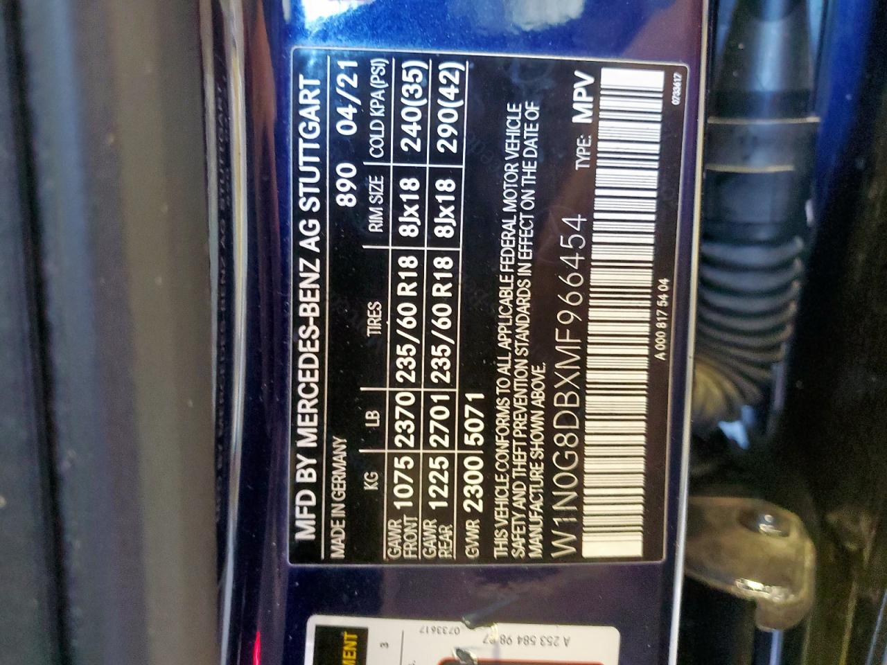 2021 Mercedes-Benz Glc 300 VIN: W1N0G8DBXMF966454 Lot: 90628955