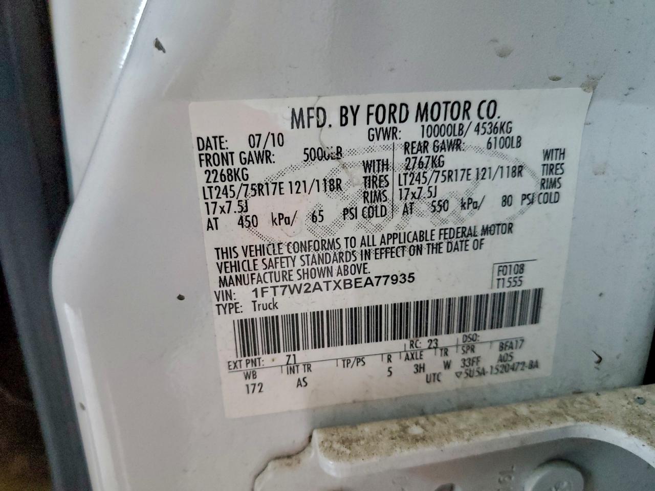 2011 Ford F250 Super Duty VIN: 1FT7W2ATXBEA77935 Lot: 94093865