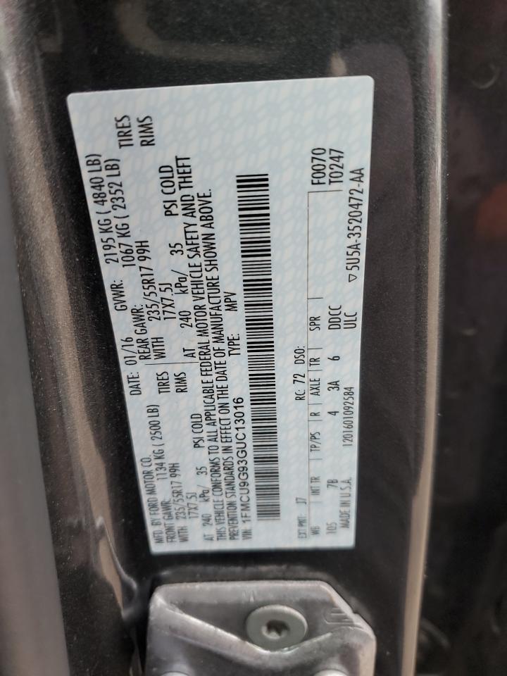 2016 Ford Escape Se VIN: 1FMCU9G93GUC13016 Lot: 92225105