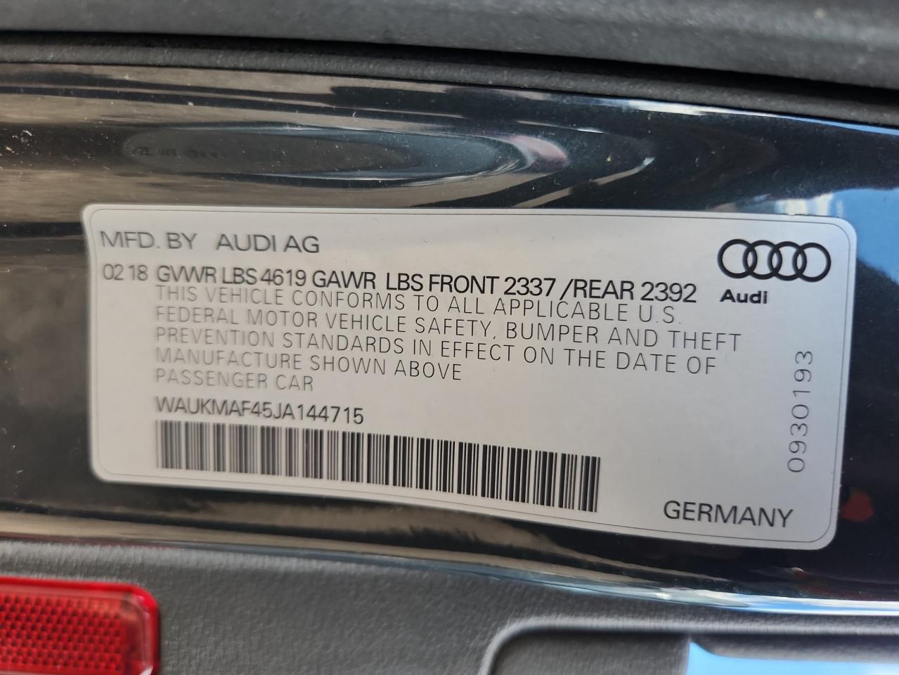 2018 Audi A4 Premium VIN: WAUKMAF45JA144715 Lot: 91076725