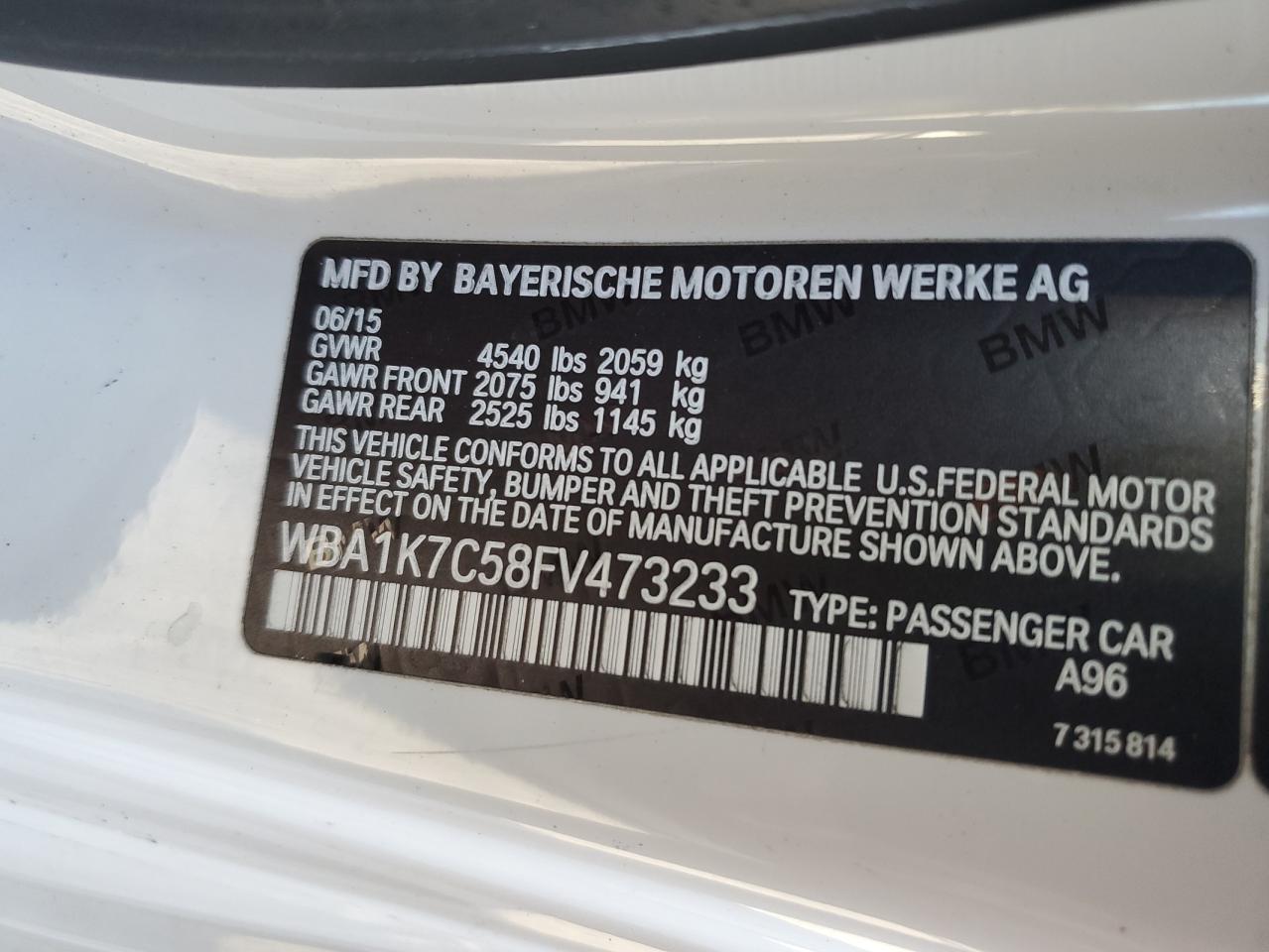 2015 BMW 228 Xi VIN: WBA1K7C58FV473233 Lot: 91324455