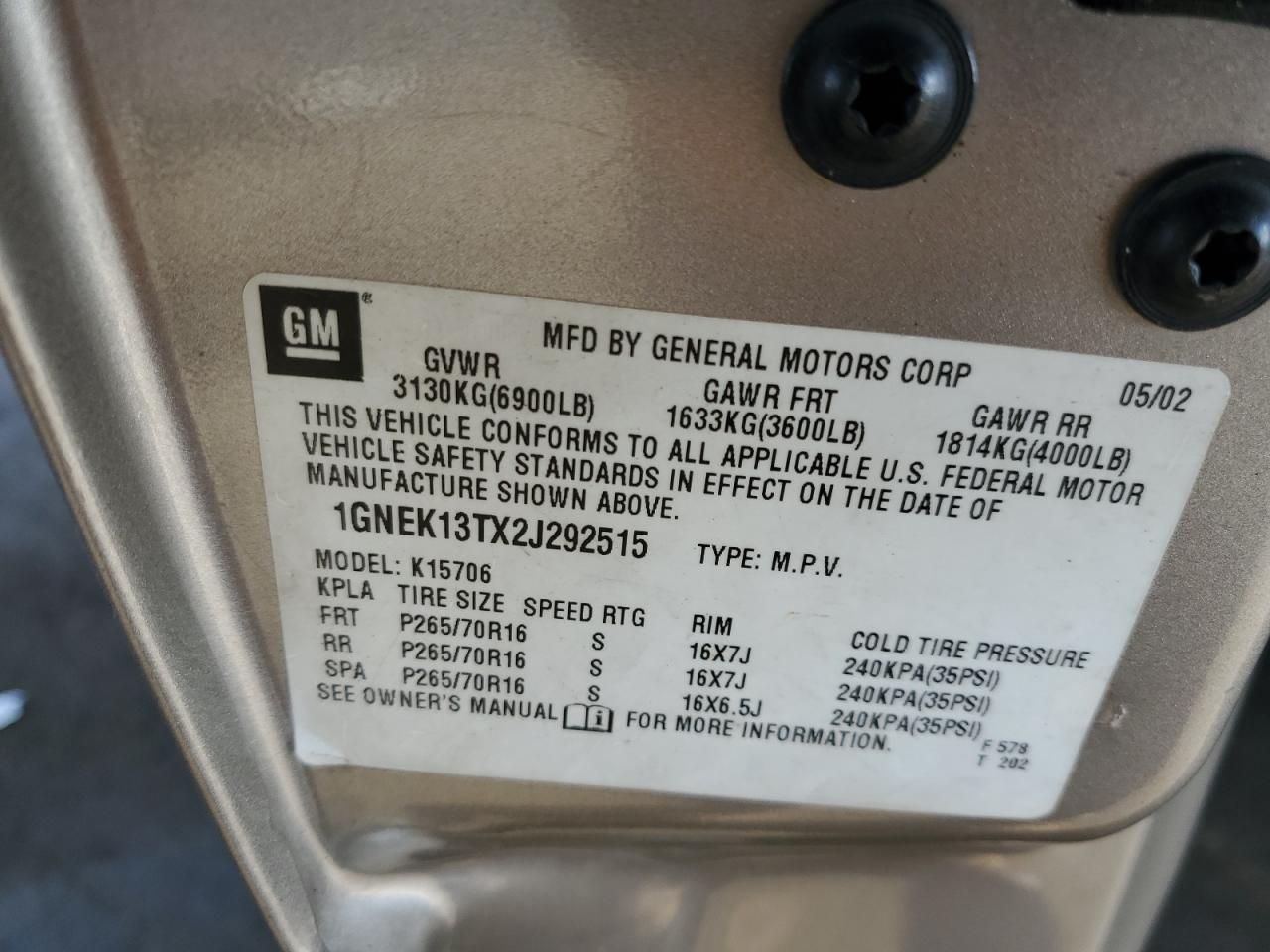 2002 Chevrolet Tahoe K1500 VIN: 1GNEK13TX2J292515 Lot: 93773455