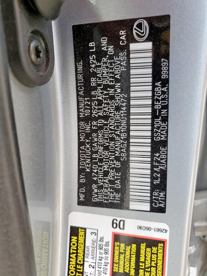 2022 Lexus Es 350 Base VIN: 58AGZ1B10NU114472 Lot: 93340485