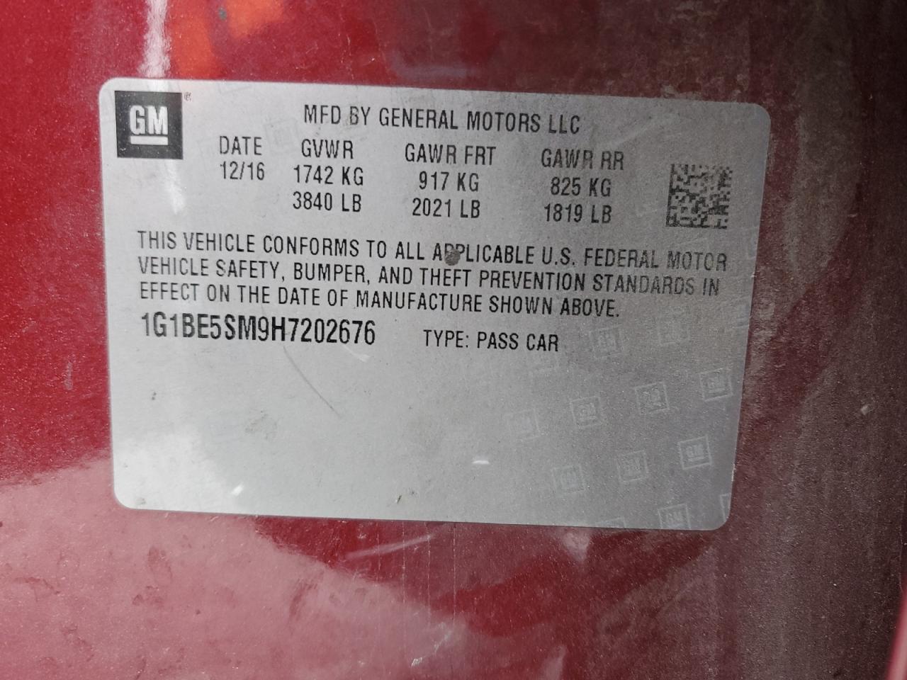 2017 Chevrolet Cruze Lt VIN: 1G1BE5SM9H7202676 Lot: 91821005