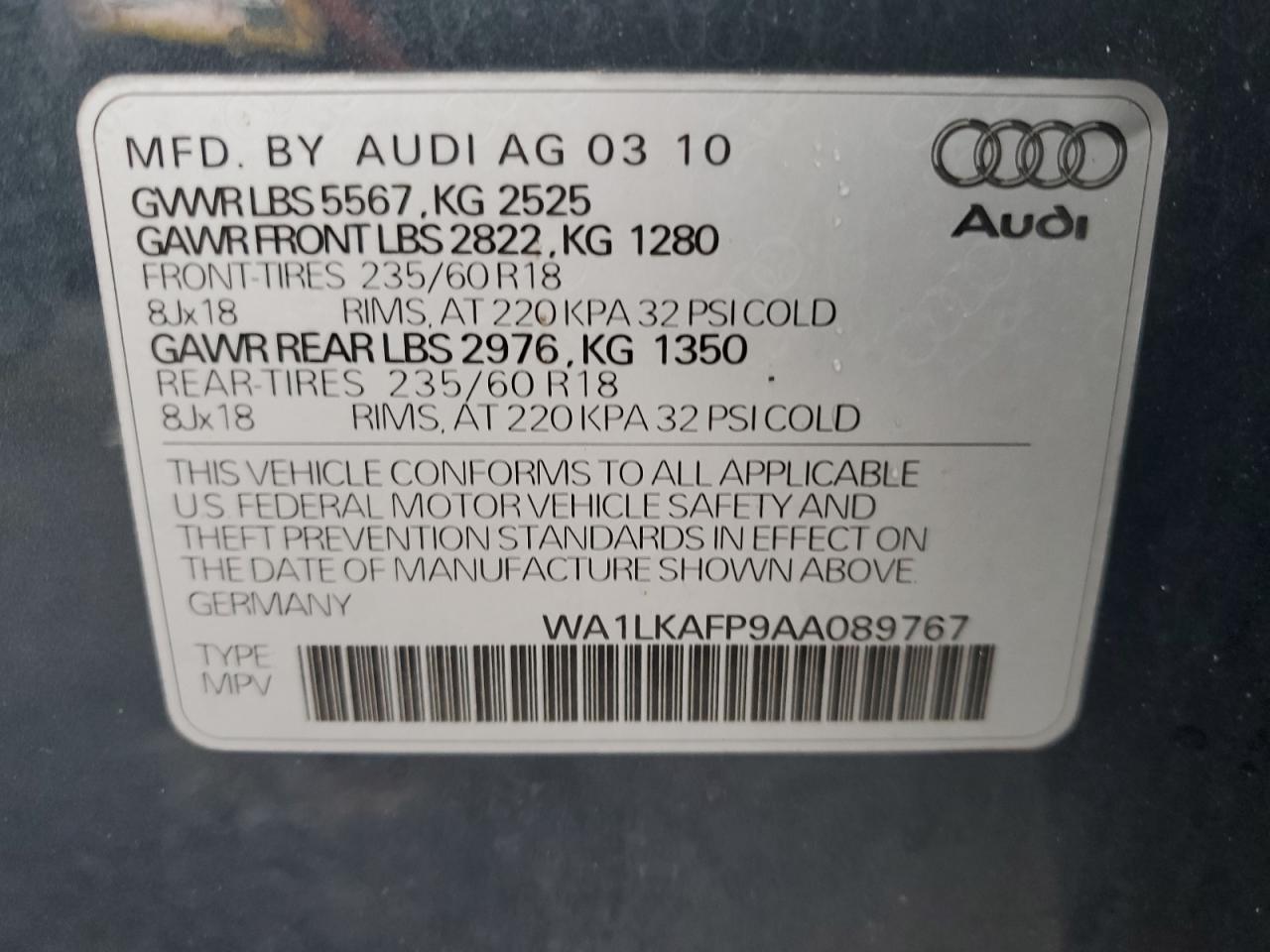 2010 Audi Q5 Premium Plus VIN: WA1LKAFP9AA089767 Lot: 92826505