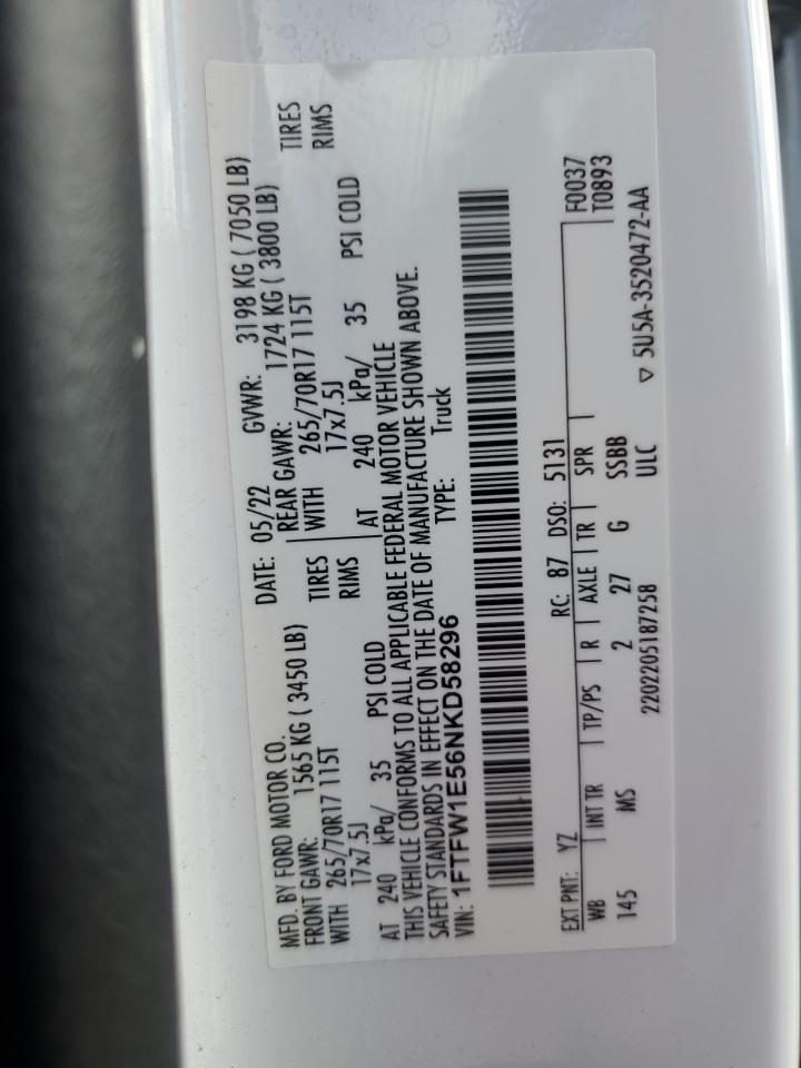 2022 Ford F150 Supercrew VIN: 1FTFW1E56NKD58296 Lot: 93196655