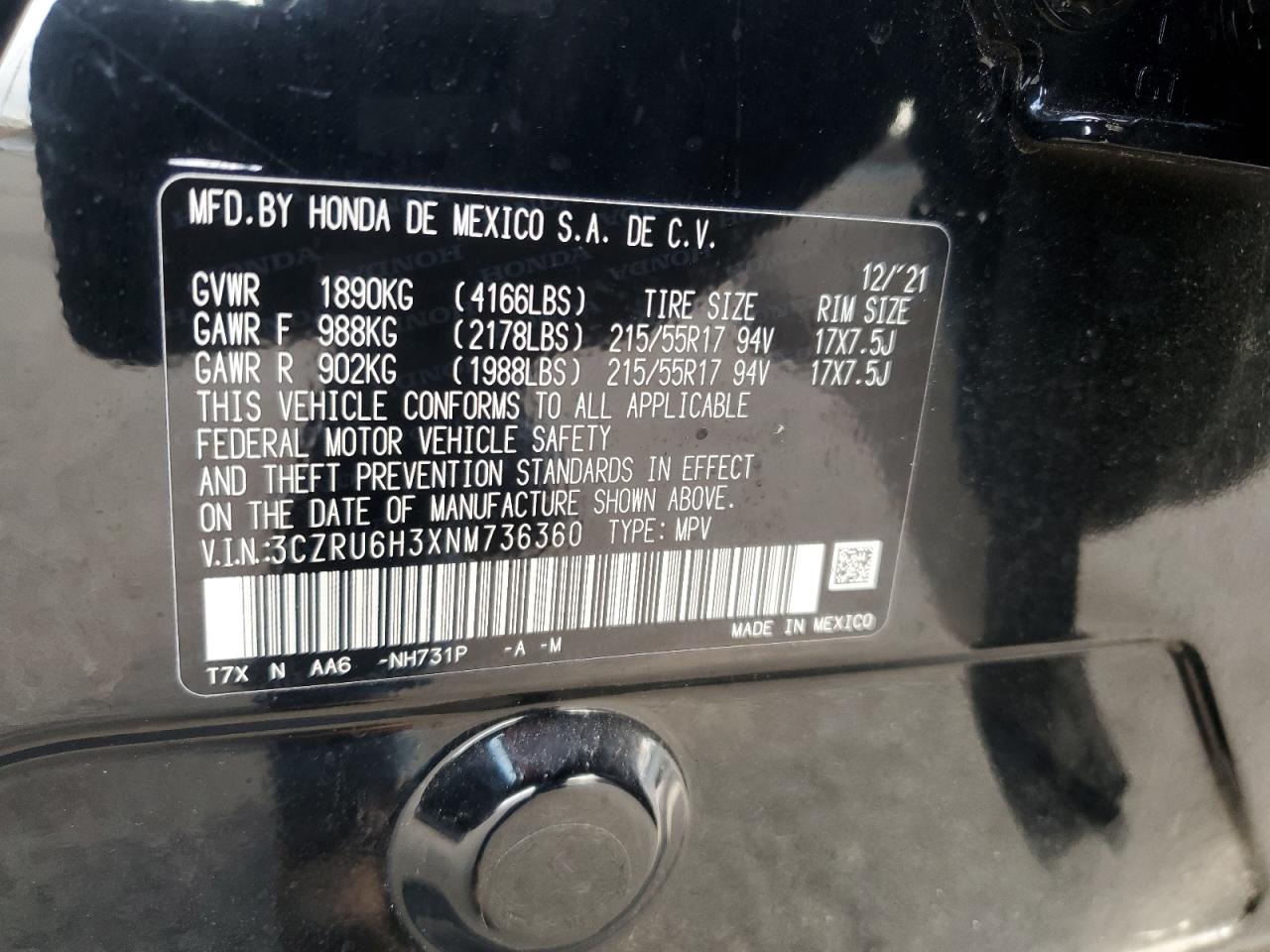 2022 Honda Hr-V Lx VIN: 3CZRU6H3XNM736360 Lot: 91504775